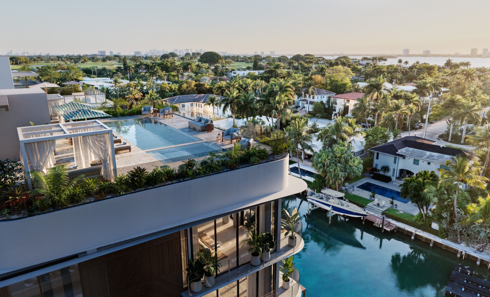 Aerial view of the ola rooftop above Bay Harbor Islands and the waterway