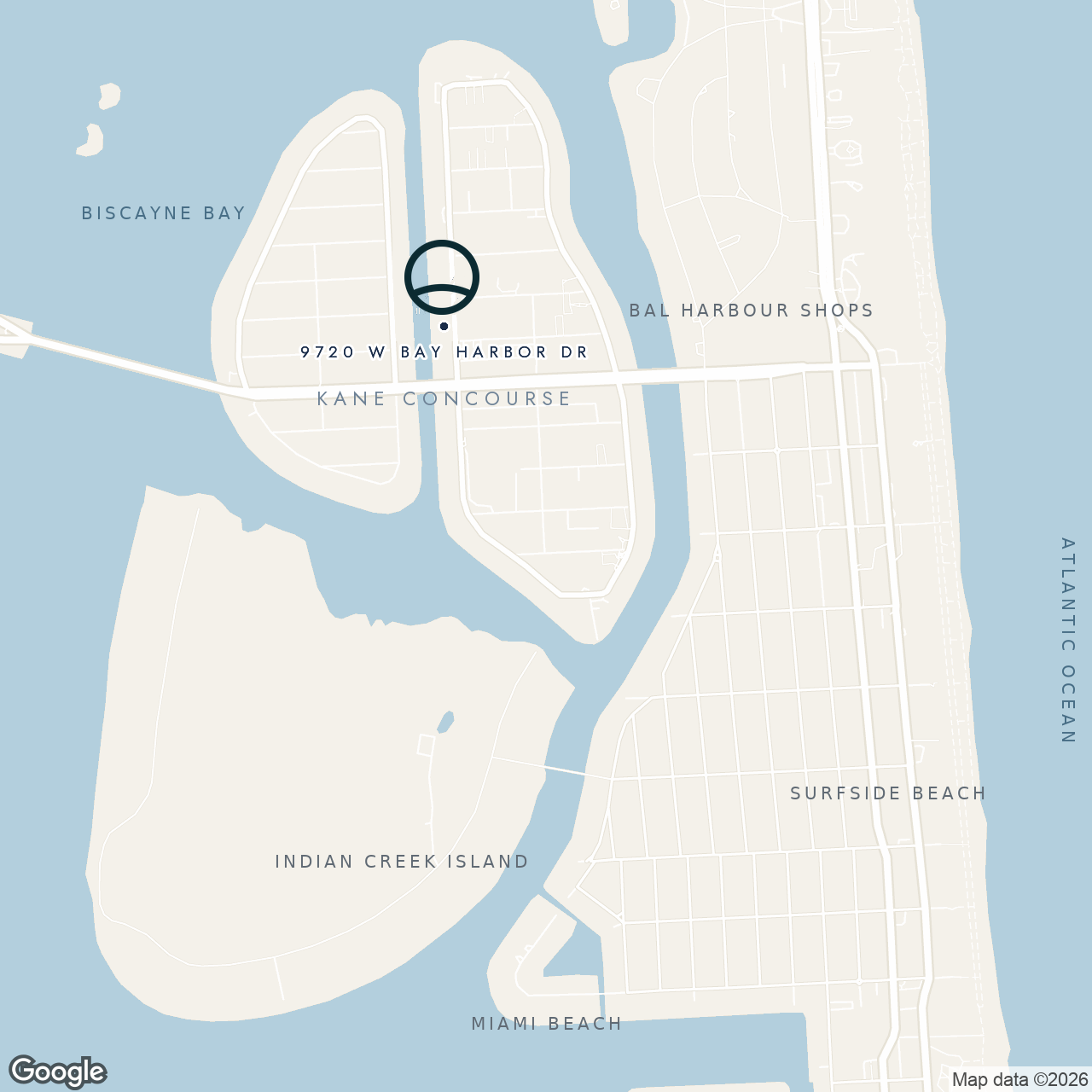 Map of Bay Harbor Islands showing ola at 9720 W Bay Harbor Drive, Bal Harbour Shops, Surfside Beach, Indian Creek Island and the Atlantic Ocean